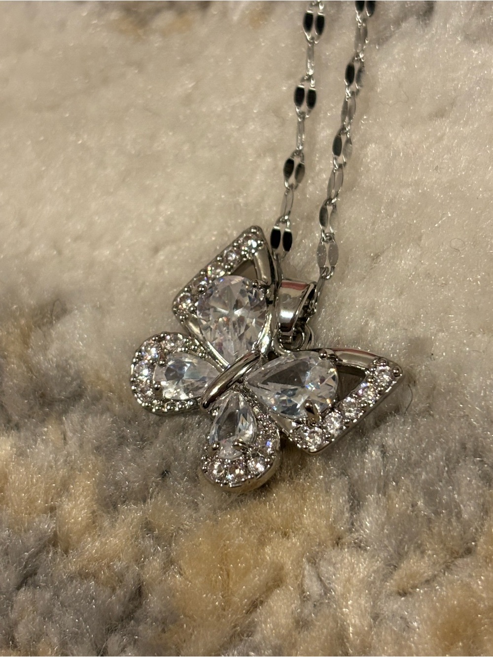 Silver Butterfly Crystal Pendant Necklace - White